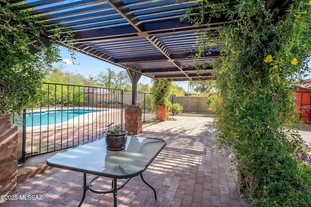 view of patio featuring a pergola, a fenced backyard, and a fenced in pool