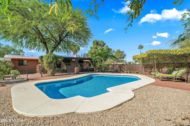 view of swimming pool with a fenced in pool, a patio, and fence