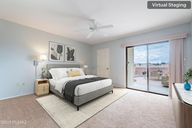bedroom featuring baseboards, carpet flooring, access to exterior, and ceiling fan