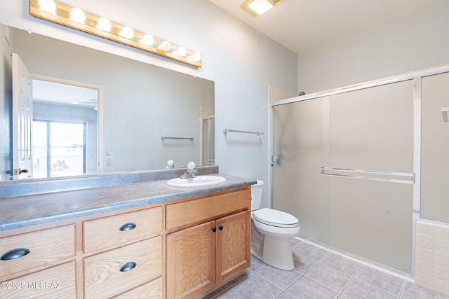 full bath featuring a stall shower, tile patterned floors, toilet, vanity, and visible vents