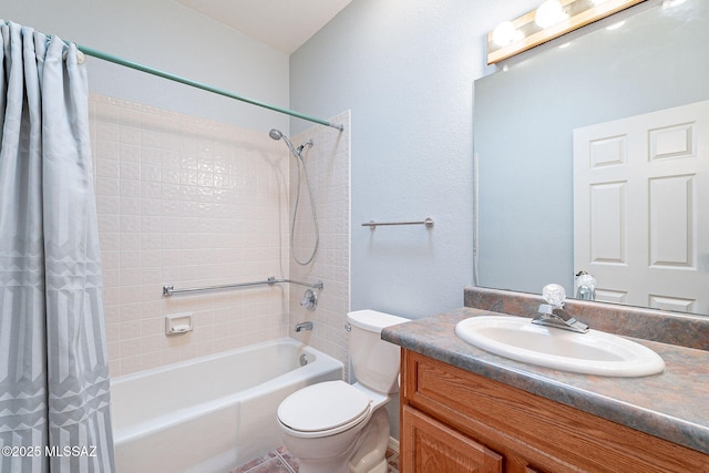 bathroom with shower / tub combo with curtain, toilet, and vanity