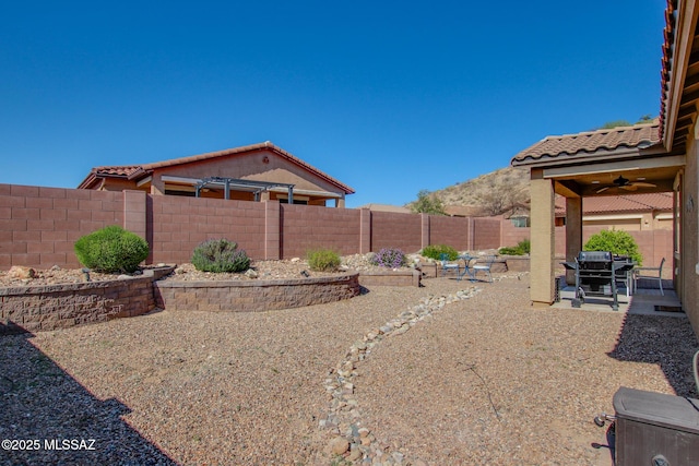 view of yard featuring a ceiling fan, a patio area, and a fenced backyard