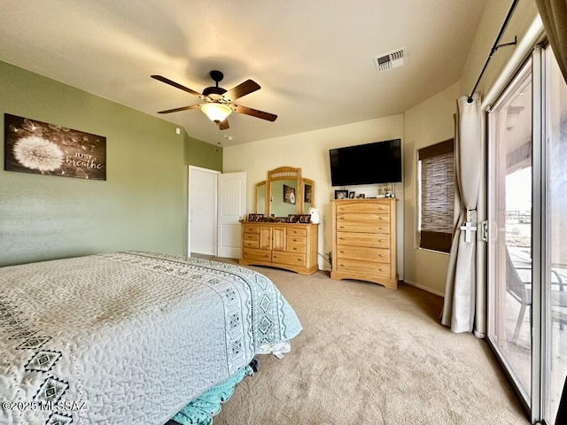bedroom featuring access to outside, ceiling fan, visible vents, light carpet, and baseboards