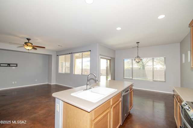 1419 W Red Creek Dr, Tucson, AZ 85737 - kitchen with concrete floors, stainless steel appliances, healthy amount of natural light, an island with sink, and recessed lighting