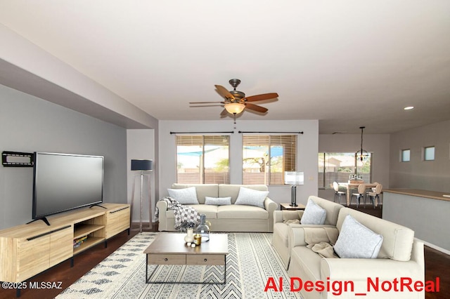 1419 W Red Creek Dr, Tucson, AZ 85737 - living room featuring a ceiling fan, healthy amount of natural light, dark wood finished floors, and recessed lighting