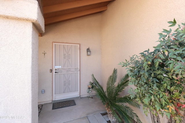view of exterior entry featuring stucco siding
