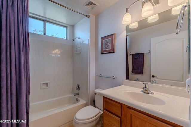 bathroom featuring toilet, shower / bath combo, vanity, and visible vents