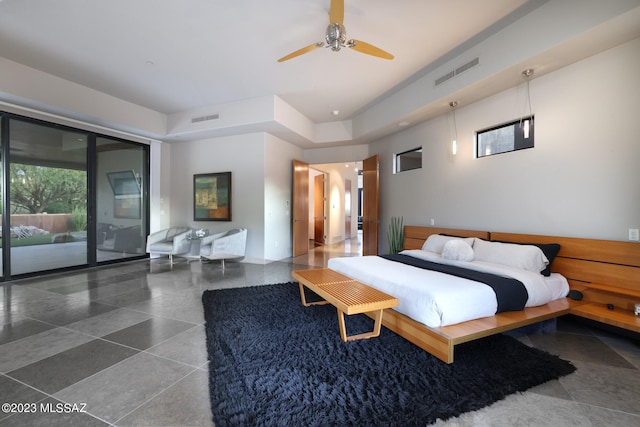 bedroom with access to outside, a ceiling fan, and visible vents