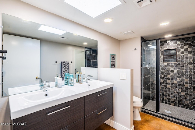 bathroom featuring a sink, toilet, recessed lighting, visible vents, and a stall shower