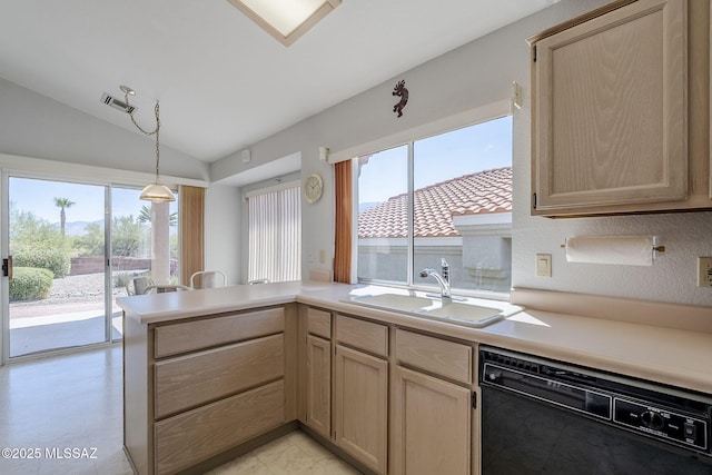 14180 N Trade Winds Way, Oro Valley, AZ 85755 - kitchen featuring dishwasher, a sink, light brown cabinets, a peninsula, and vaulted ceiling