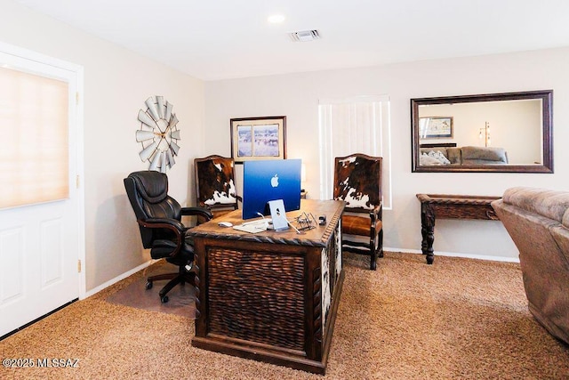 home office with baseboards, visible vents, and carpet