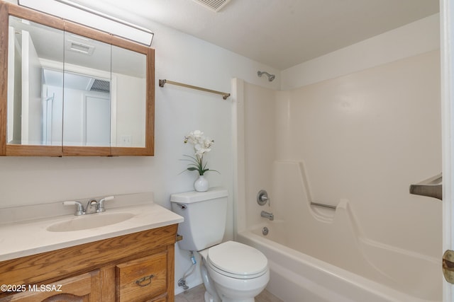 full bathroom featuring toilet, vanity, shower / tub combination, and visible vents