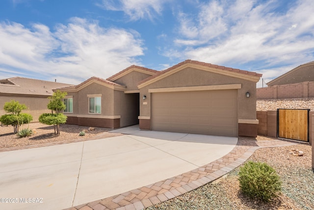 1117 W Valley Meadow Ln, Sahuarita, AZ 85629 - ranch-style home with concrete driveway, an attached garage, stucco siding, fence, and a tile roof