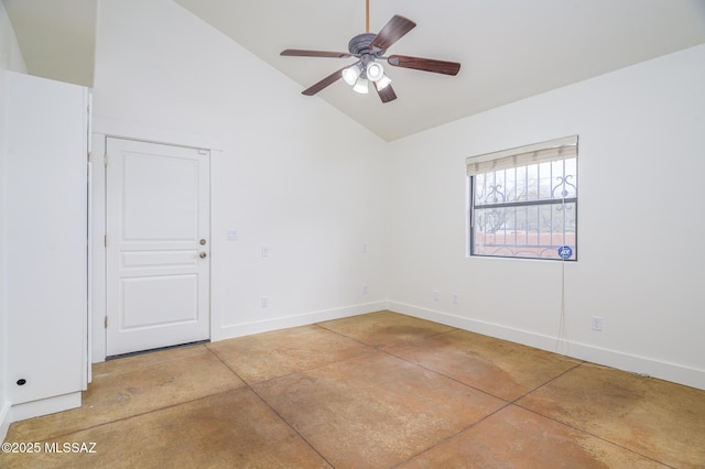 3737 E Pima St, Tucson, AZ 85716 - unfurnished room featuring high vaulted ceiling, concrete floors, baseboards, and ceiling fan