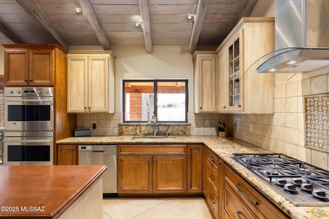 6341 E Brian Kent St, Tucson, AZ 85710 - kitchen featuring beamed ceiling, wall chimney exhaust hood, tasteful backsplash, a sink, and stainless steel appliances