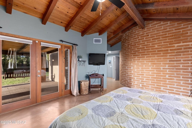 6341 E Brian Kent St, Tucson, AZ 85710 - bedroom with lofted ceiling with beams, visible vents, access to exterior, french doors, and brick wall