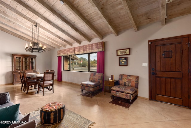 6341 E Brian Kent St, Tucson, AZ 85710 - living room with vaulted ceiling with beams, wooden ceiling, baseboards, and an inviting chandelier