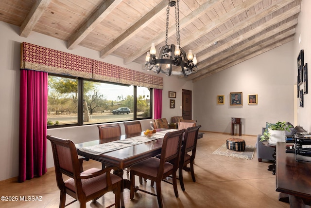 6341 E Brian Kent St, Tucson, AZ 85710 - dining space featuring wooden ceiling, a notable chandelier, vaulted ceiling with beams, and baseboards