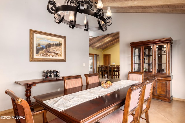 6341 E Brian Kent St, Tucson, AZ 85710 - dining room featuring baseboards, wooden ceiling, a notable chandelier, and lofted ceiling with beams