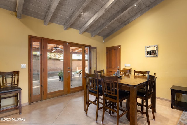 6341 E Brian Kent St, Tucson, AZ 85710 - dining area featuring french doors, wood ceiling, baseboards, and lofted ceiling with beams
