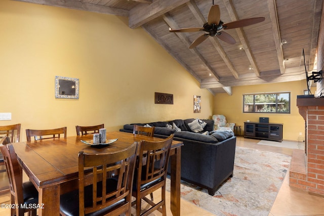 6341 E Brian Kent St, Tucson, AZ 85710 - dining area with ceiling fan, a fireplace, high vaulted ceiling, wooden ceiling, and beam ceiling