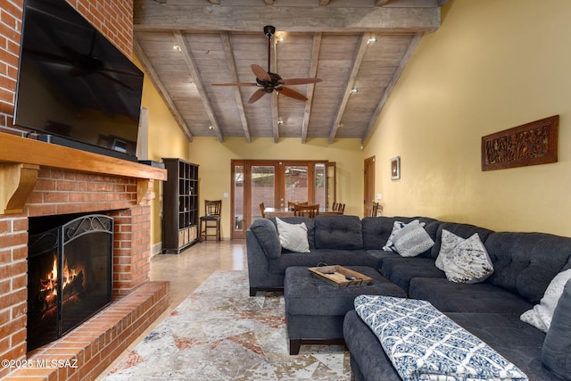 6341 E Brian Kent St, Tucson, AZ 85710 - living room with a ceiling fan, wood ceiling, a fireplace, beamed ceiling, and high vaulted ceiling