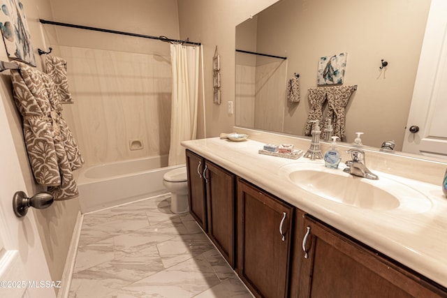 full bathroom with toilet, marble finish floor, shower / bath combination with curtain, and vanity