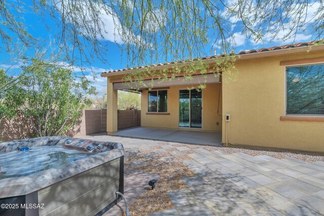 12171 N Golden Mirror Dr, Marana, AZ 85658 - view of patio / terrace with a hot tub, fence, and a grill