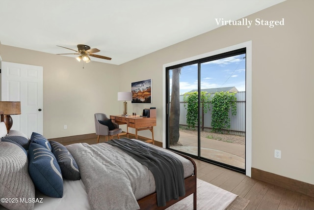 bedroom with baseboards, access to outside, ceiling fan, and light wood-style floors