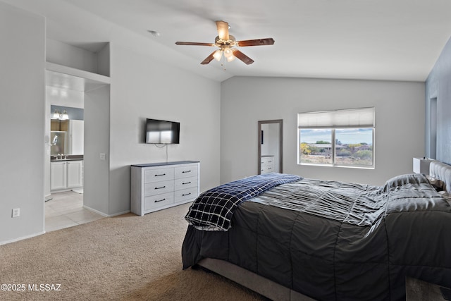 761 W Grantham St, Vail, AZ 85641 - bedroom featuring connected bathroom, a ceiling fan, baseboards, light colored carpet, and lofted ceiling