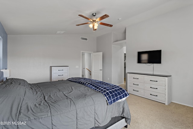 761 W Grantham St, Vail, AZ 85641 - bedroom with light carpet, visible vents, baseboards, ceiling fan, and vaulted ceiling