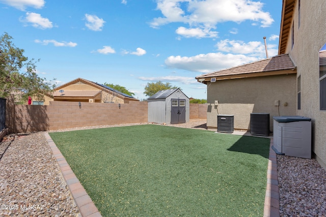 761 W Grantham St, Vail, AZ 85641 - view of yard featuring a fenced backyard, an outbuilding, a shed, and central AC