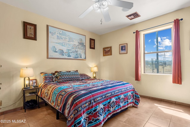 tiled bedroom featuring ceiling fan, baseboards, and visible vents