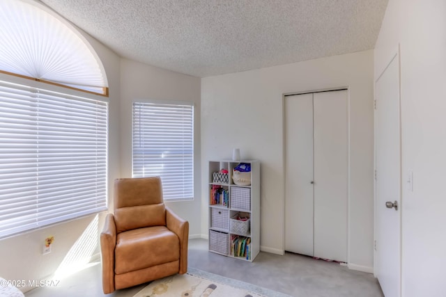 living area featuring carpet floors and a textured ceiling