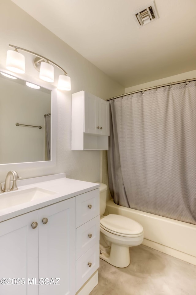 full bath with shower / bath combo, visible vents, toilet, and vanity