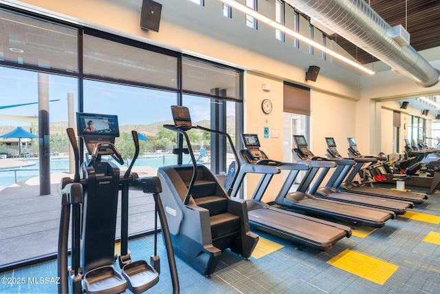 13906 N Rim Trl, Marana, AZ 85658 - exercise room with a wall of windows, carpet flooring, and a towering ceiling
