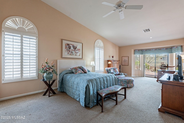 carpeted bedroom with visible vents, access to exterior, high vaulted ceiling, and baseboards