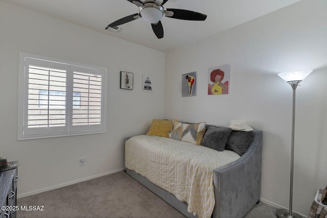 bedroom with carpet, visible vents, ceiling fan, and baseboards
