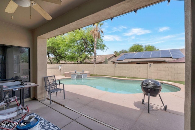 view of pool featuring a patio, a fenced backyard, and a ceiling fan
