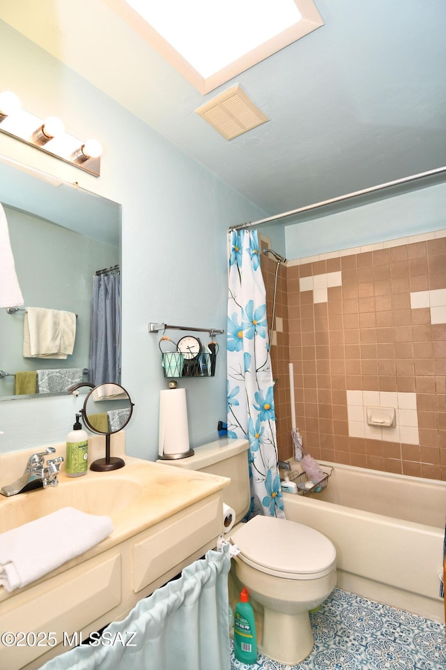 bathroom with visible vents, shower / tub combo, toilet, and vanity