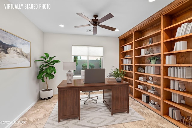 office space with baseboards, a ceiling fan, visible vents, and recessed lighting