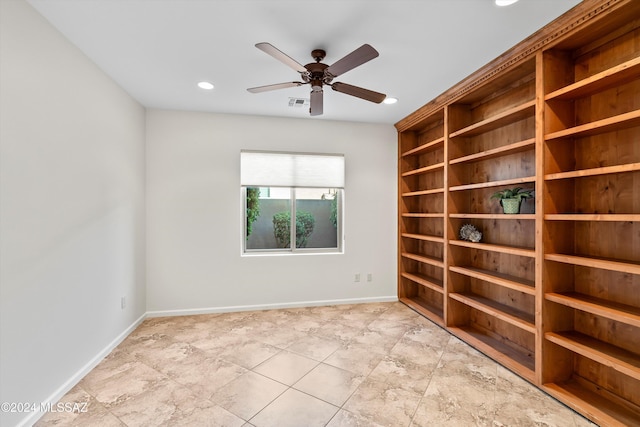 spare room featuring visible vents, baseboards, recessed lighting, and a ceiling fan