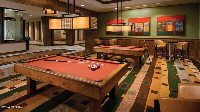 playroom featuring recessed lighting, wainscoting, and pool table