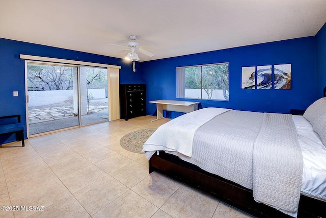 bedroom with tile patterned floors, access to outside, and ceiling fan