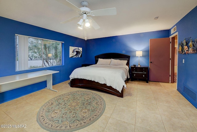 bedroom with visible vents, a ceiling fan, and tile patterned flooring