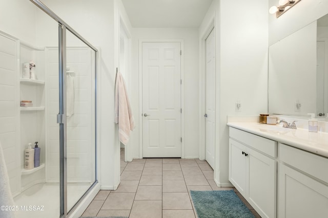6548 E Via Arroyo Largo, Tucson, AZ 85756 - bathroom with a shower stall, vanity, tile patterned flooring, and baseboards