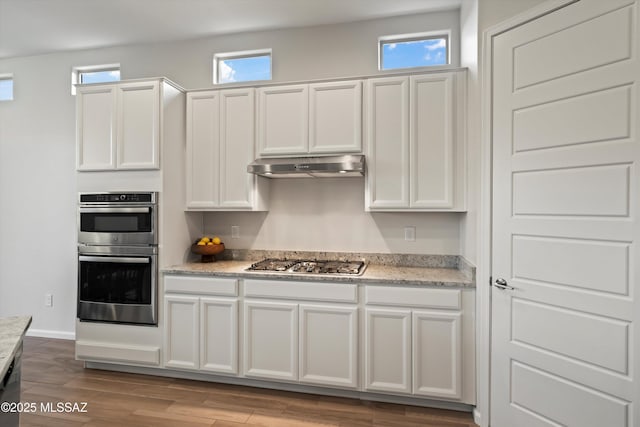 7797 S Indian Wheat Way, Tucson, AZ 85747 - kitchen featuring stainless steel appliances, under cabinet range hood, white cabinetry, wood finished floors, and light stone countertops