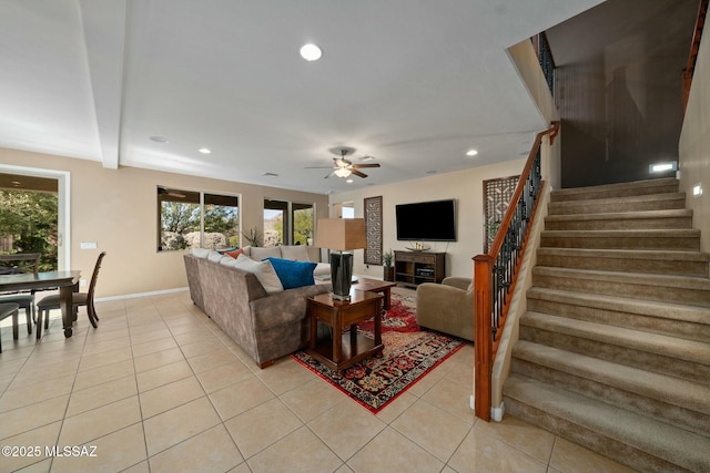 12487 N Wind Runner Pkwy, Marana, AZ 85658 - living area featuring stairway, recessed lighting, ceiling fan, light tile patterned floors, and baseboards