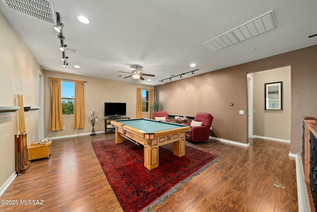 12487 N Wind Runner Pkwy, Marana, AZ 85658 - game room with track lighting, billiards table, wood finished floors, baseboards, and ceiling fan
