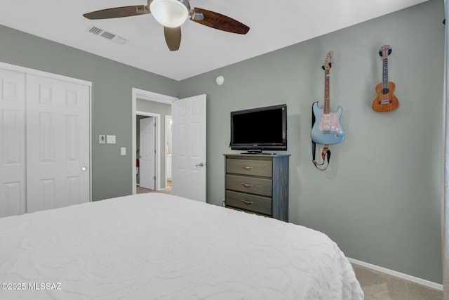 10391 E Malta St, Tucson, AZ 85747 - bedroom with carpet flooring, ceiling fan, baseboards, visible vents, and a closet